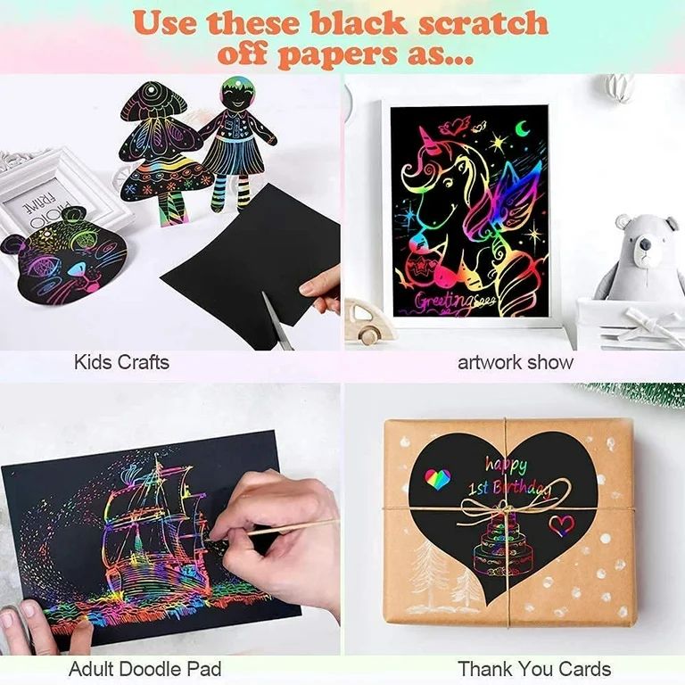 Mocoosy 60Pcs Scratch Art Paper for Kids, Rainbow Magic Scratch Off Paper Art Craft Kit Black Scr... | Walmart (US)