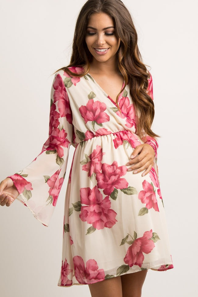 PinkBlush Ivory Floral Chiffon Wrap Maternity Dress | PinkBlush Maternity