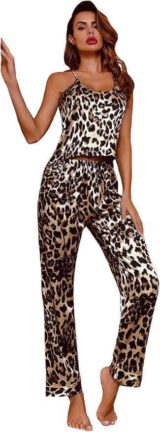 SOLY HUX Women's Leopard Print Cami Top with Pants Satin Pajama Set Sleepwear | Amazon (US)