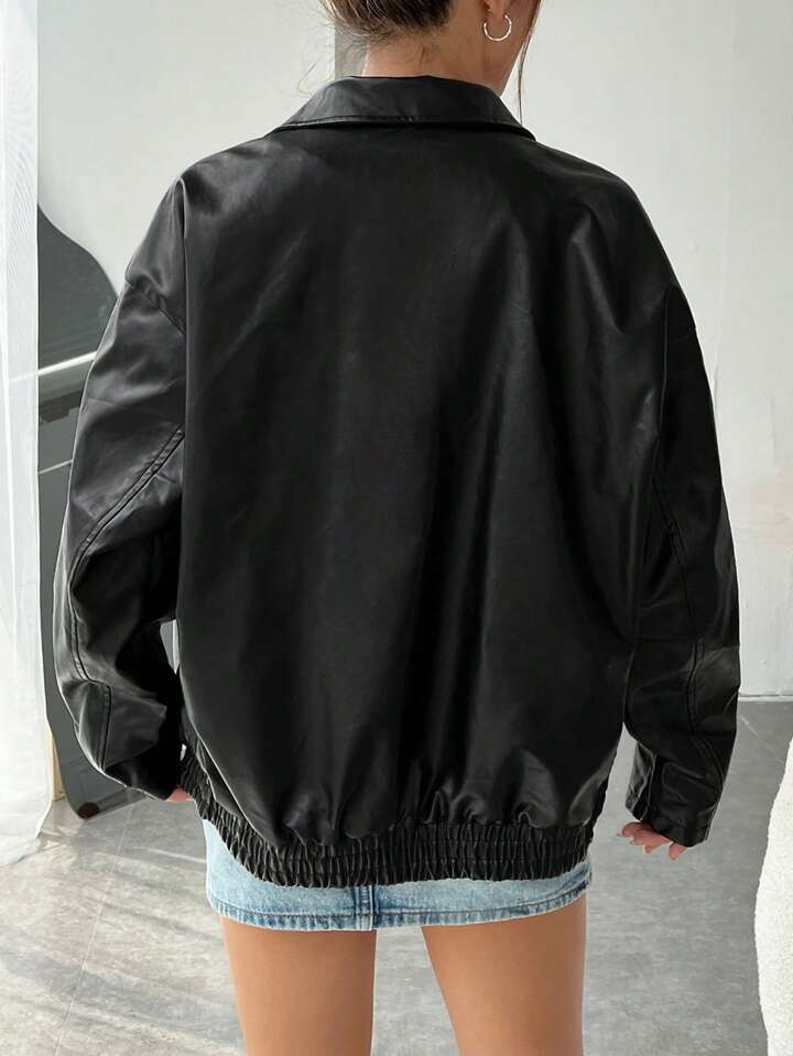 SHEIN Coolane Zip Up Drop Shoulder PU Leather Coat | SHEIN