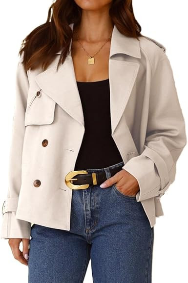 IDEALSANXUN Cropped Trench Coat for Women Spring Fall Trendy Double Breasted Long Sleeve Work Jac... | Amazon (UK)