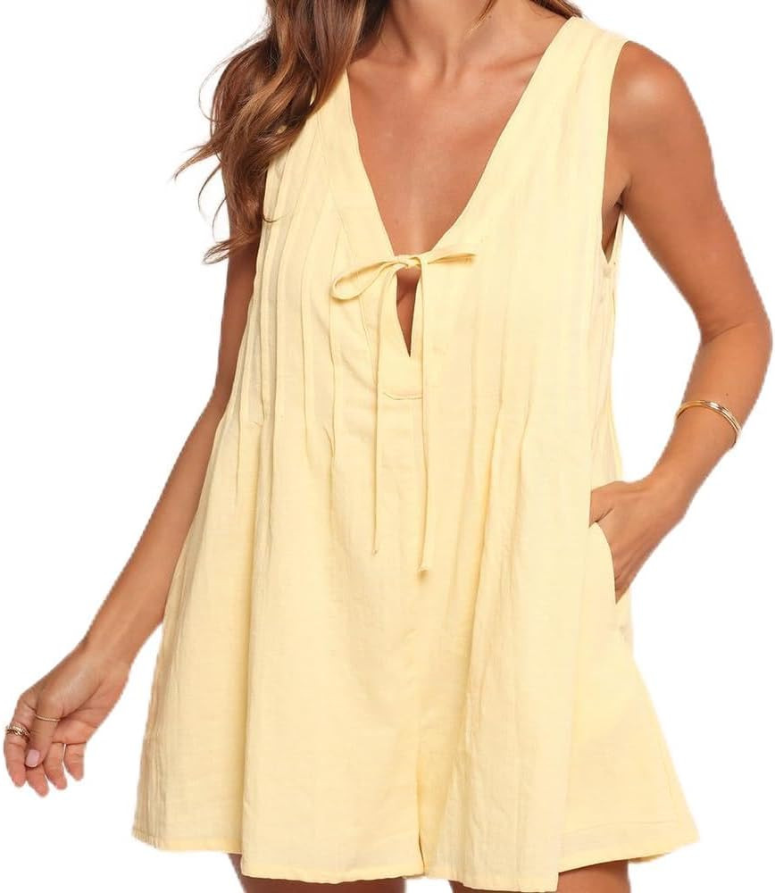 Women Pleated Rompers Dress Y2K Bow Tie Front V Neck Sleeveless Short Jumpsuit Wide Leg Flowy Rom... | Amazon (US)