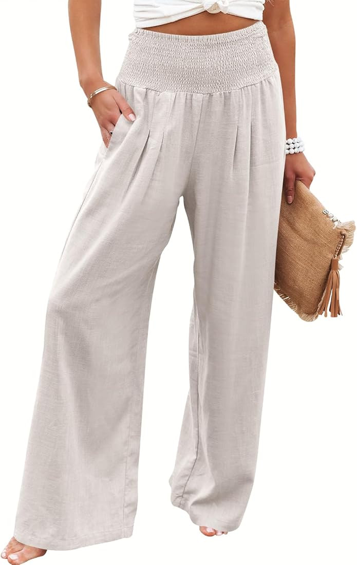 ANRABESS Women Linen Palazzo Pants Summer Boho Wide Leg High Waist Casual Lounge Pant Trousers wi... | Amazon (US)