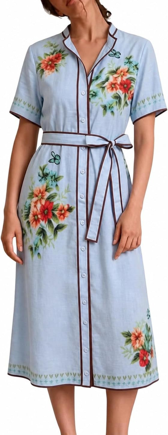CHARTOU Women Casual Floral Button Down Shirt Dress Summer Cotton Wrap Belted Beach Long Dress with Pockets | Amazon (US)