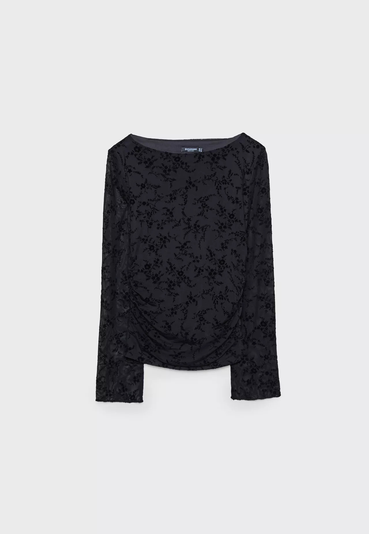 Semi-sheer flocked T-shirt with gathering - Women's Tops and Bodysuits | Stradivarius United King... | Stradivarius (UK)