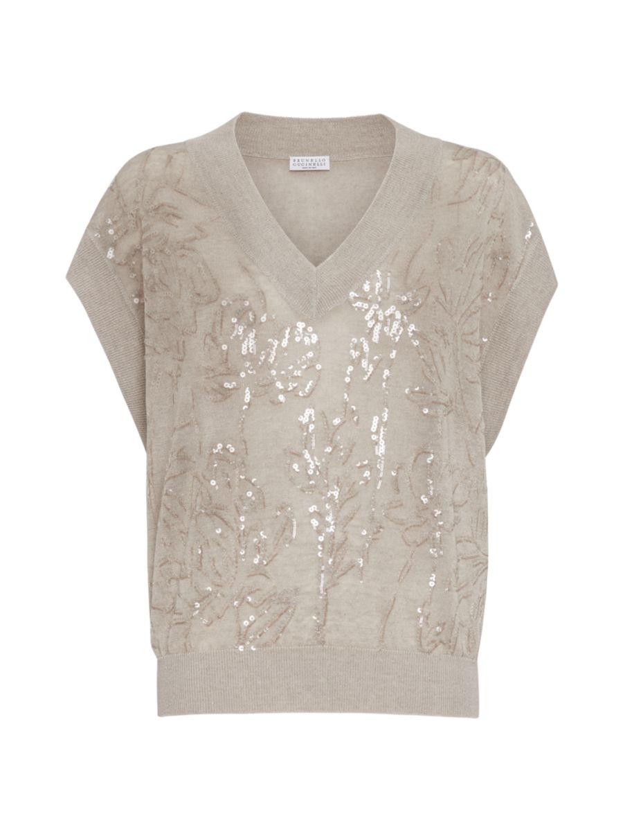 Linen Sweater with Dazzling Flower Embroidery | Saks Fifth Avenue