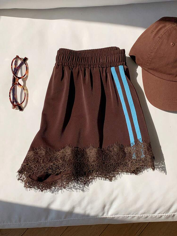 Comfortcana Women's Summer Casual Striped Lace Patchwork Shorts Going Out Outfits  Beach Outfits ... | SHEIN