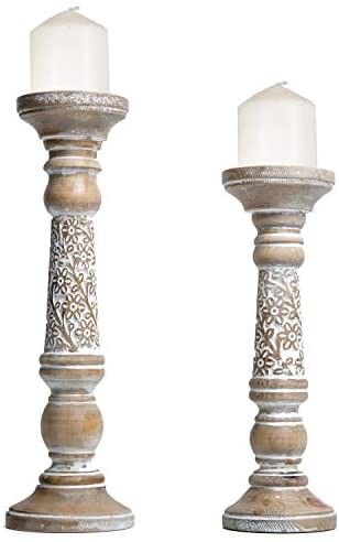 Farmhouse Candle Holder Set of 2 - Decorative Wood Pillar Candle Stand, Mantle Home De... | Amazon (US)