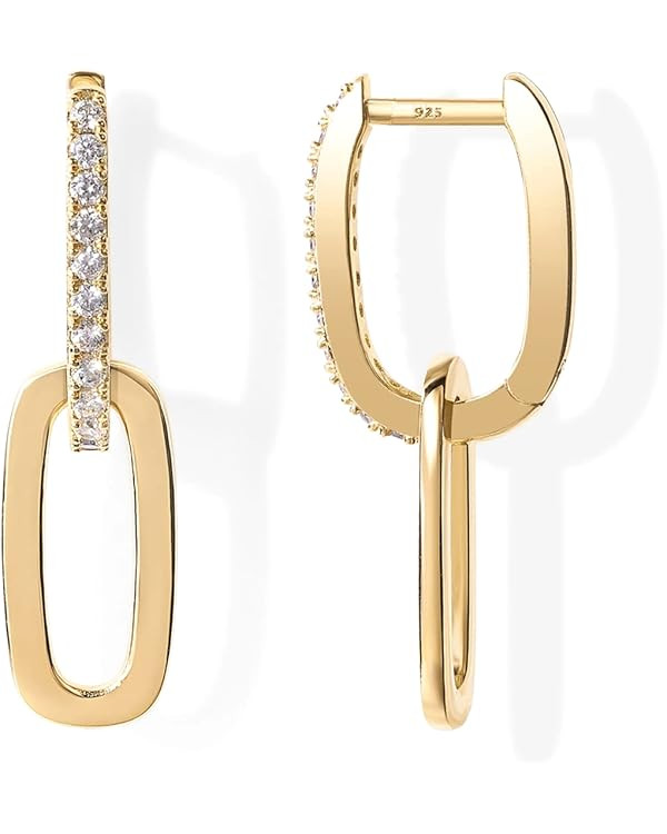 PAVOI 14K Gold Plated Convertible Paperclip Earrings for Women - Trendy Paper Clip Link Huggie Ho... | Amazon (US)