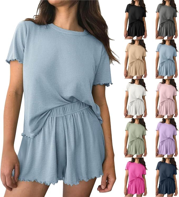2 Piece Short Sets for Women Summer Short Sleeve Crew Neck Tops and Elastic Waist Shorts Loose Co... | Amazon (US)
