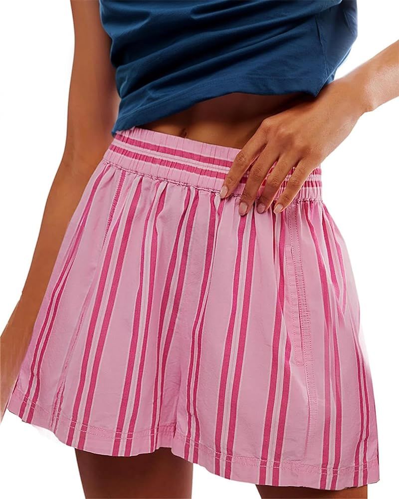Women Striped Boxer Shorts Elastic High Rise Pajama Bottoms Shorts Casual Lounge Shorts with Pock... | Amazon (US)