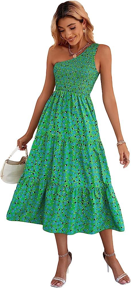 MakeMeChic Women's Floral One Shoulder Sleeveless Shirred Ruffle A Line Summer Long Maxi Dress | Amazon (US)