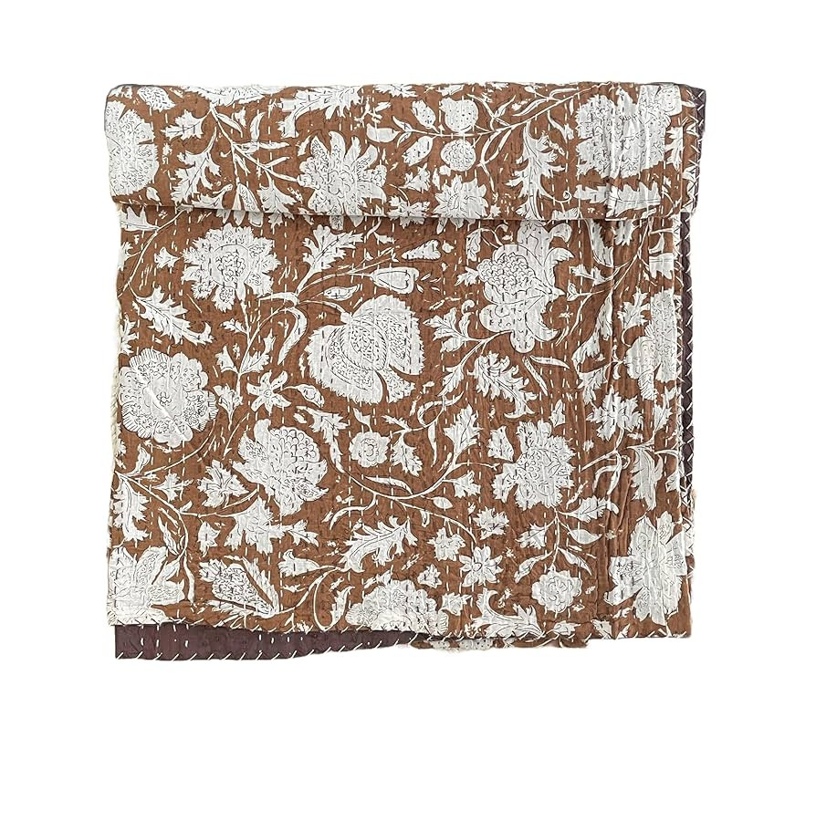 Hippie Floral Handblock Handmade Cotton Block Kantha Quilting Vintage Throw Blanket Hippie Queen/... | Amazon (US)