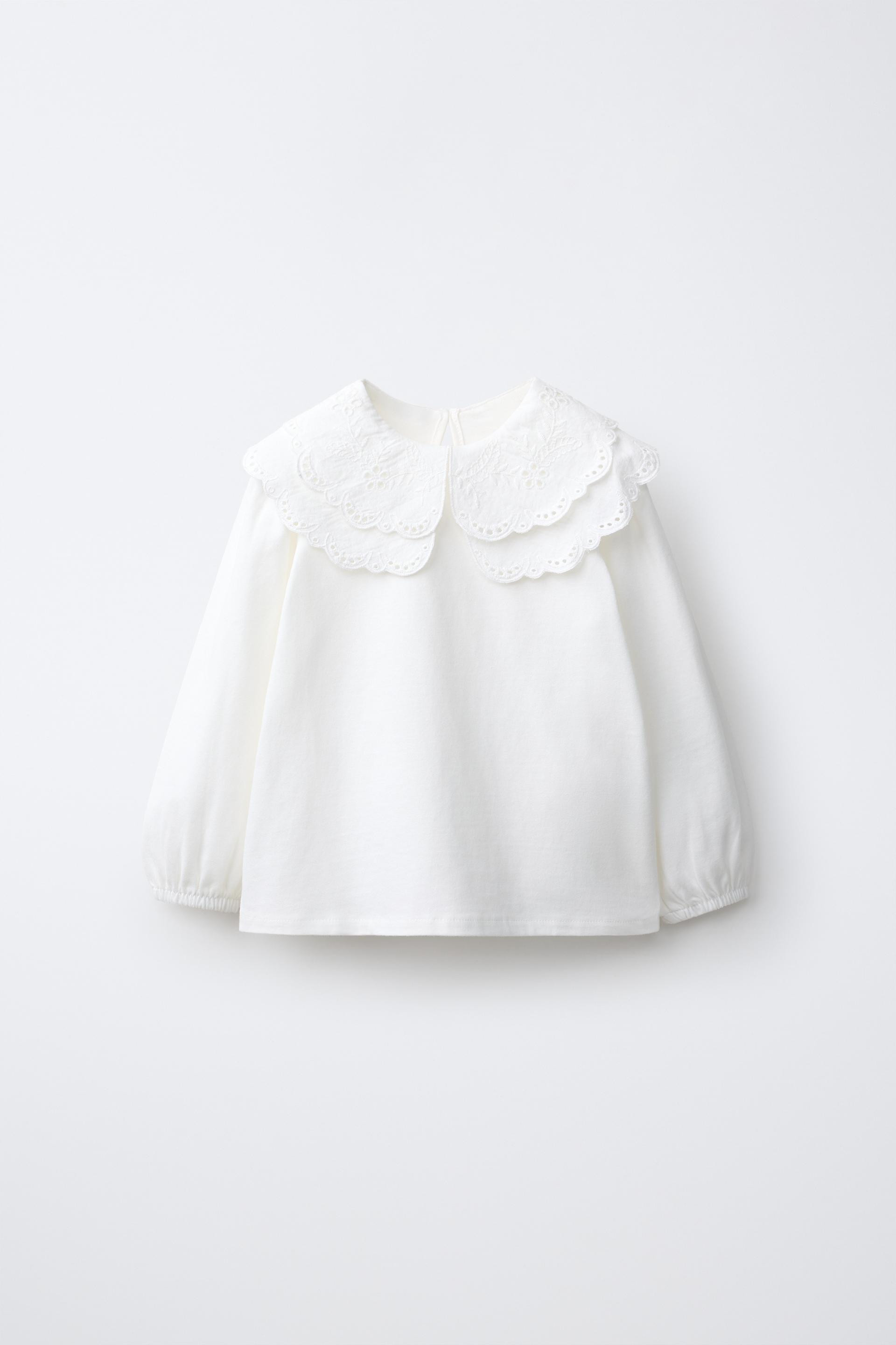 Zara - Embroidered Contrast Collar T-Shirt - Oyster-White - 2 Years (92 Cm) - Kids | Zara UK