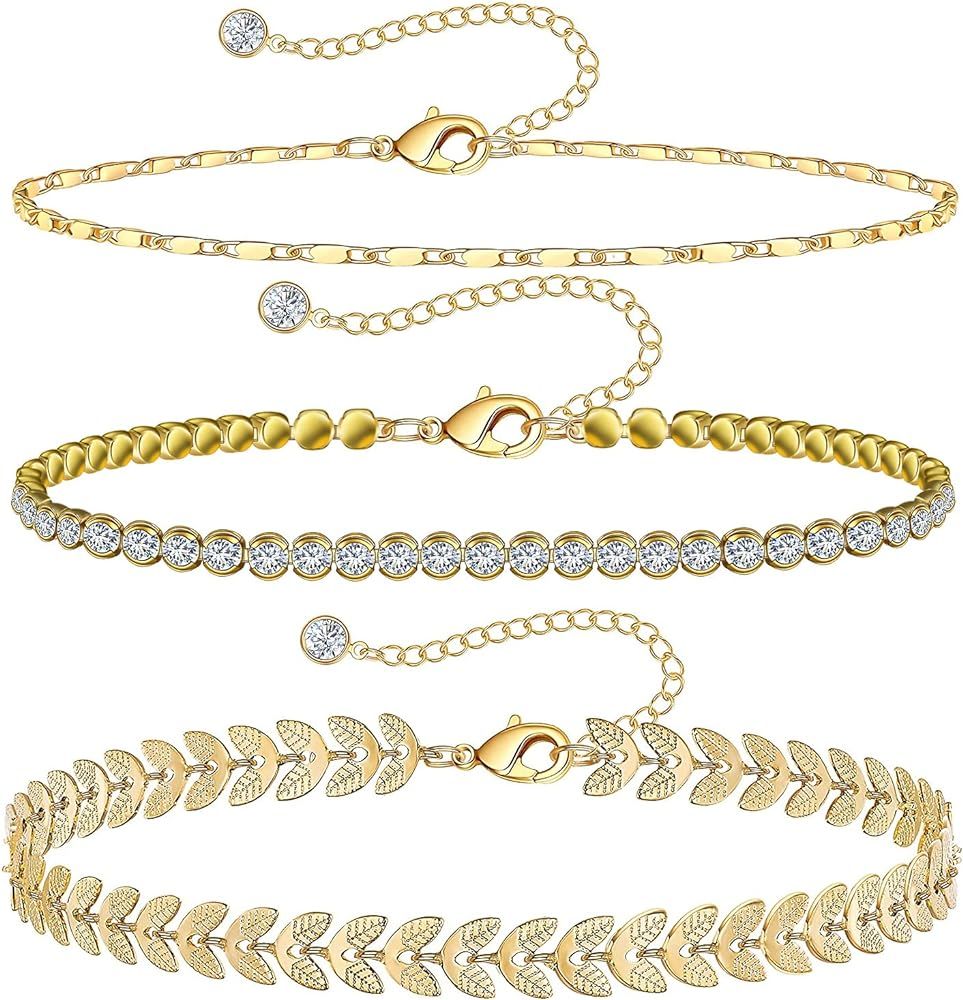 Gold Ankle Bracelets for Women 14k Gold Plated Anklet Silver Tennis Rose Quartz Cross Bead Herringbo | Amazon (US)