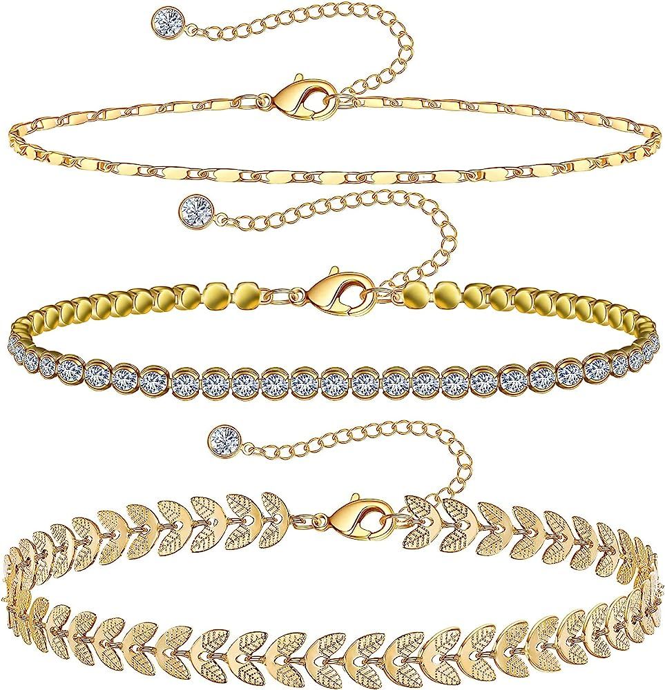 Gold Ankle Bracelets for Women 14k Gold Plated Anklet Silver Tennis Rose Quartz Cross Bead Herringbo | Amazon (US)