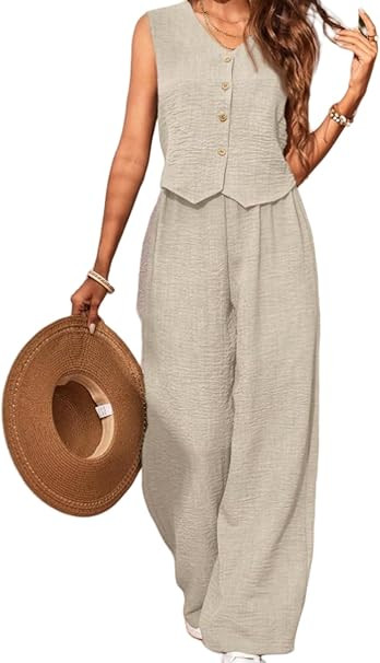 MINTLIMIT Women's 2 Piece Outfits Linen Vest Waistcoat Dressy 2025 Casual Sets Wide Leg Pants Sui... | Amazon (US)
