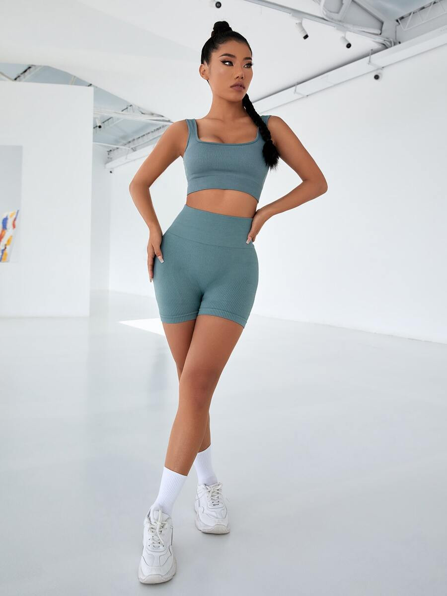 Seamless Solid Ribbed Knit Sports Set | SHEIN