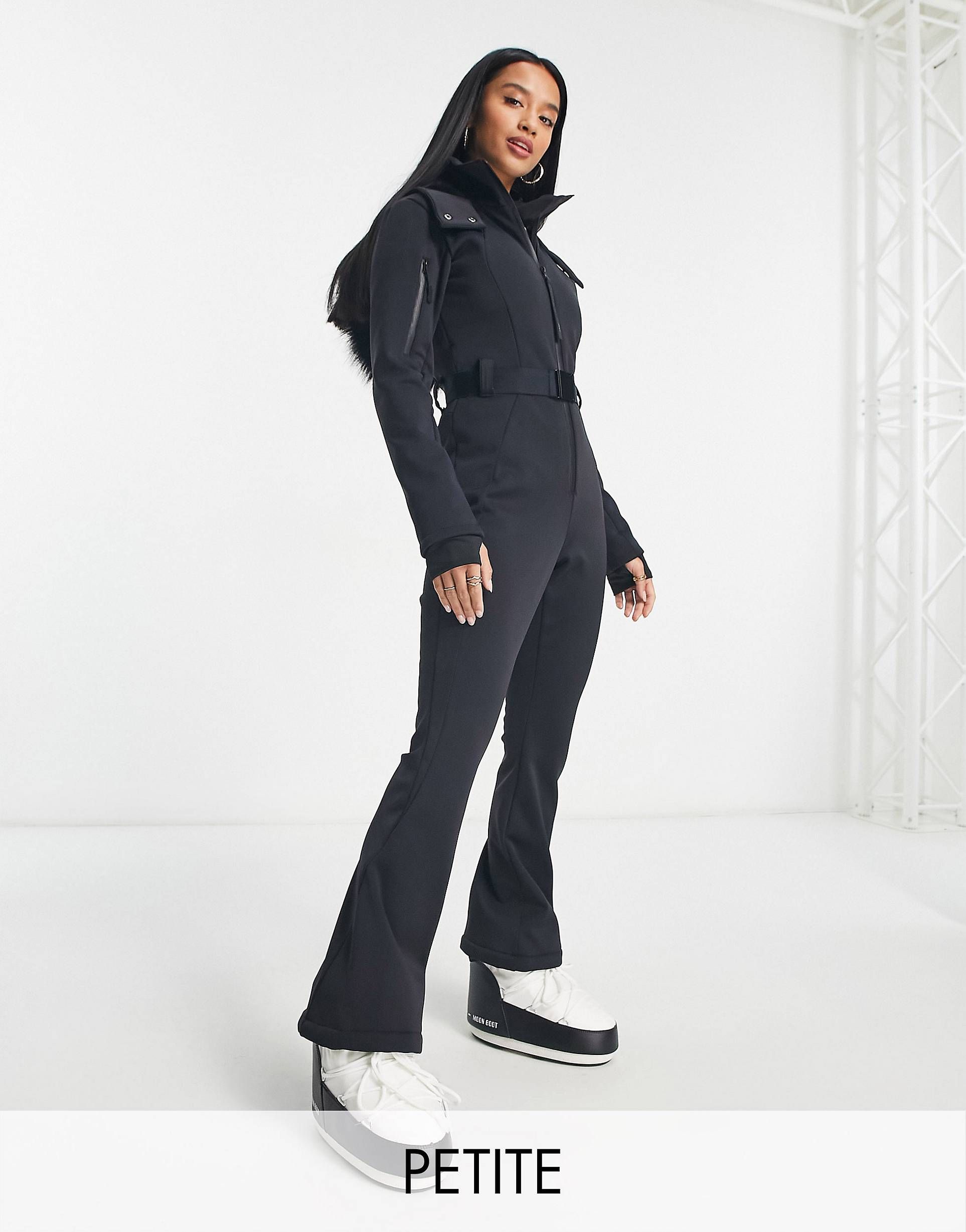 ASOS 4505 Petite ski belted ski suit with slim kick leg and faux fur hood | ASOS (Global)