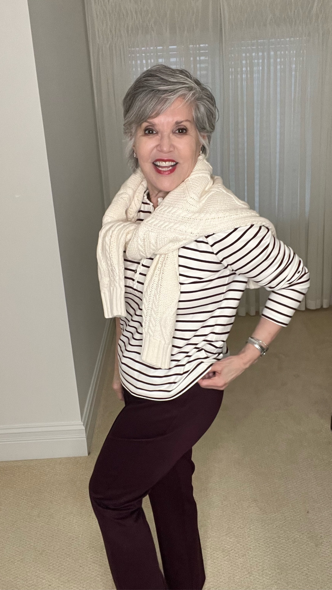 Here’s how to wear stripes in the winter by layering them with a cable sweater. The Henley is great. Add Ponte pants and suede loafers. Then elevate these basic pieces, add a sweater draped over your shoulders! Watch this short video to see how to also wear this under your winter 🥶 coat! So cozy and interesting !

#LTKootd #LTKgrwm #LTKOver40