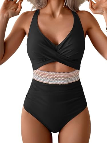 B2prity One Piece Swimsuit for Women Tummy Control V Neck Bathing Suit Color Block High Waisted Cutout Swimwear | Amazon (US)