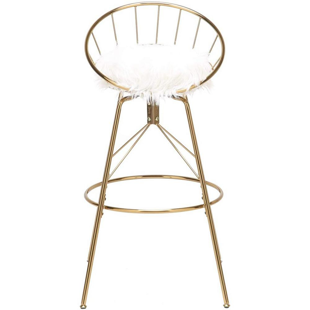 Boyel Living 30 in. Stylish Modern Gold Middle Back Bar Stools with Swivel Seat and White Faux Fur C | The Home Depot