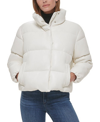 Women's Short Faux-Leather Puffer Jacket | Macy's
