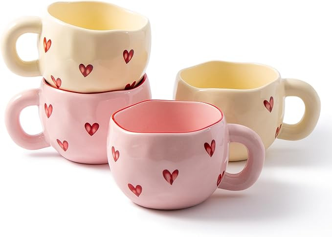 4pcs Cute Ceramic Coffee Mug, 9.4OZ Pink Yellow Porcelain Tea Mugs, Ceramic Hearts Cup Sets for M... | Amazon (US)
