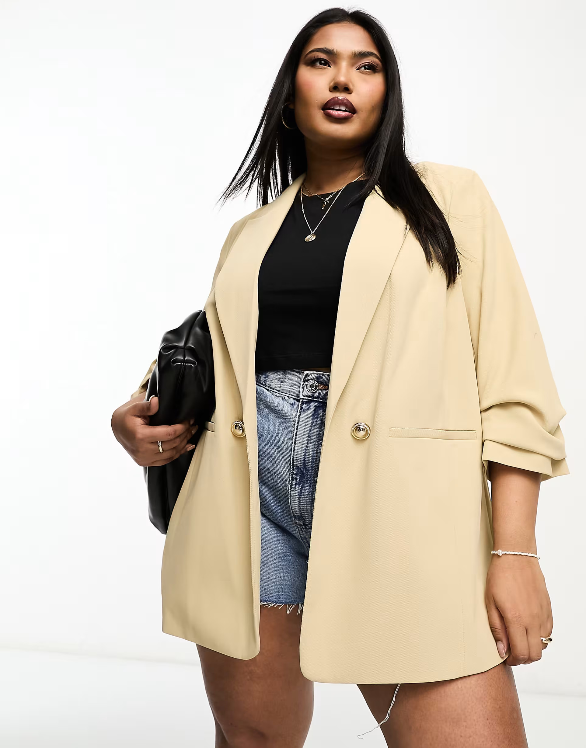 River Island Plus pleated sleeve blazer in dark beige | ASOS (Global)
