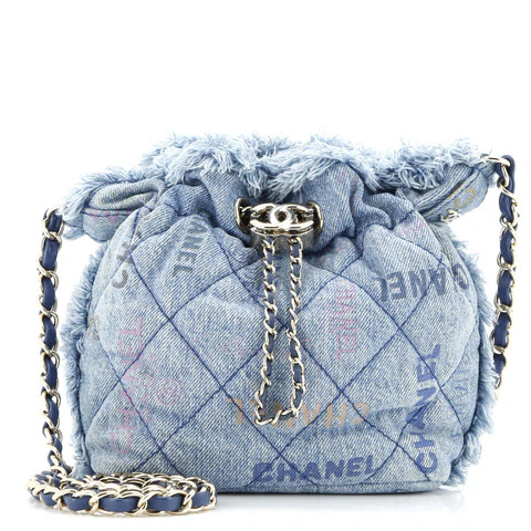 Denim Mood Chain Bucket Bag Logo Printed Quilted Fringe Denim Medium | Rebag