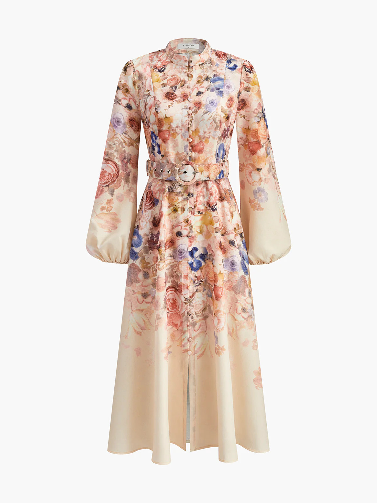 Belted Balloon Sleeve Floral Dress | Commense