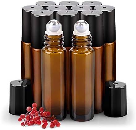 12 Pack Essential Oil Roller Bottles, sungwoo 10ml Amber Glass Roller Bottles with Stainless Steel R | Amazon (US)