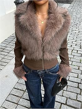 Verdusa Women's Faux Fur Furry Fuzzy Collared Zip Up Jacket Fall Clothes Slim Fit Winter Coats | Amazon (US)
