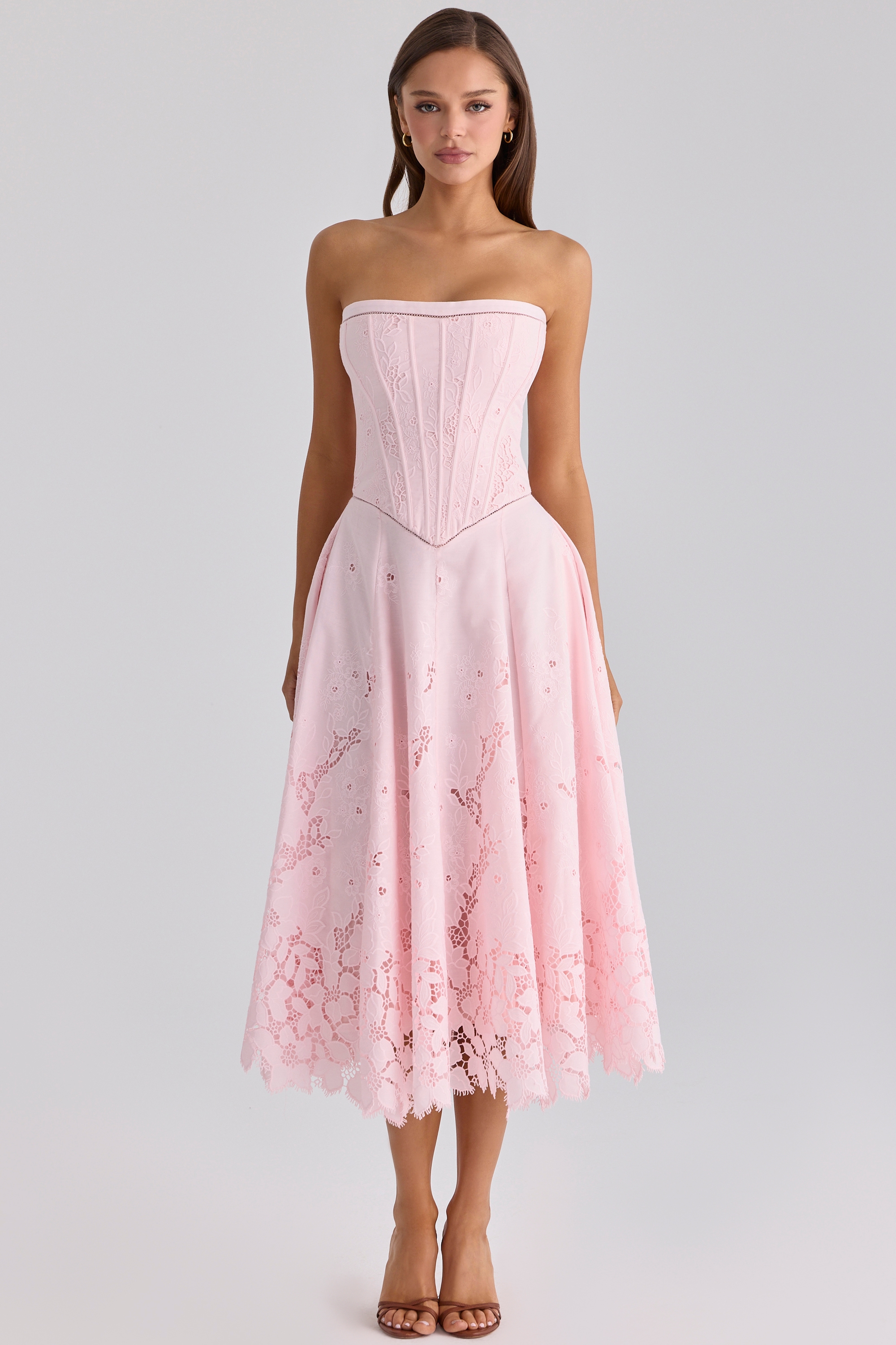 pink strapless custom lace + broderie anglaise midi dress | House of CB