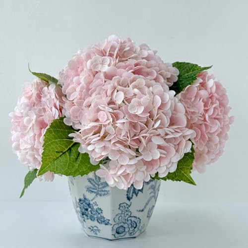 YalzoneMet 3 Pcs Real Touch Pink Hydrangea Artificial Flowers 21 inch Large Lifelike Light Latex Faux Hydrangea, Fake Flowers for Home Decoration Bridal Bouquet Wedding Decor | Amazon (US)