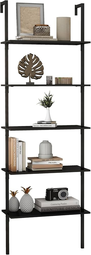 Panana Industrial 5 Tier Ladder Shelf, Open Space Book Shelf Wall Mount Bookshelf with Metal Fram... | Amazon (US)