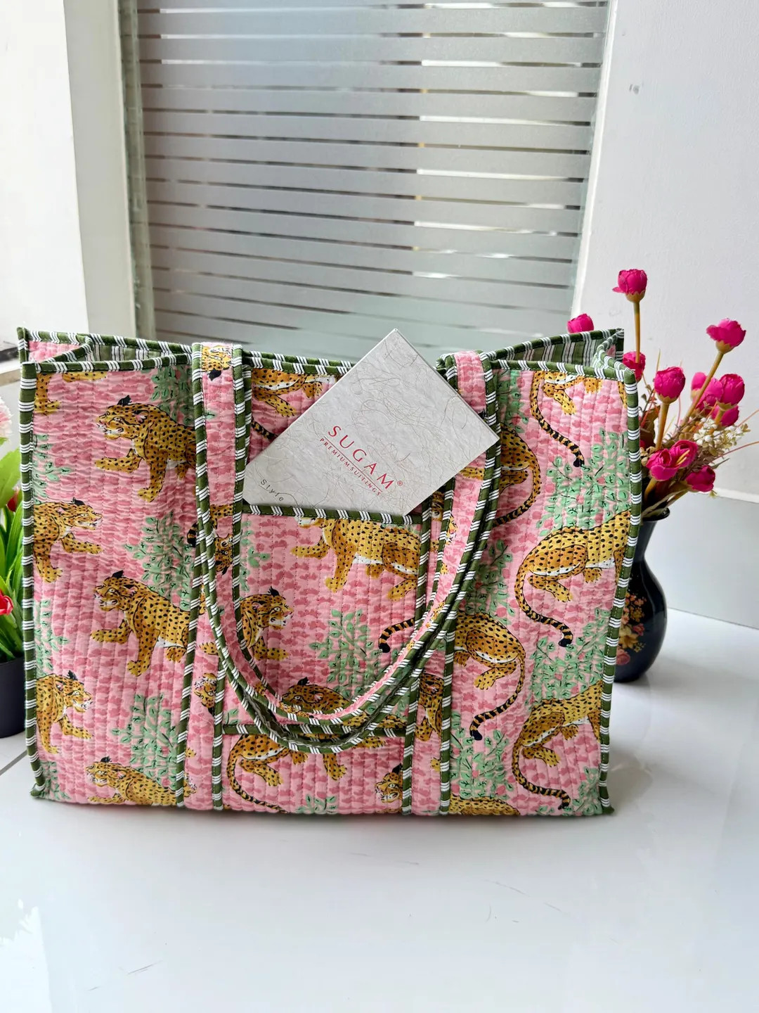 Indian Handmade Quilted Tote Bag – Pink Leopard Print Cotton Shopper – Eco-friendly Kantha Ba... | Etsy (US)