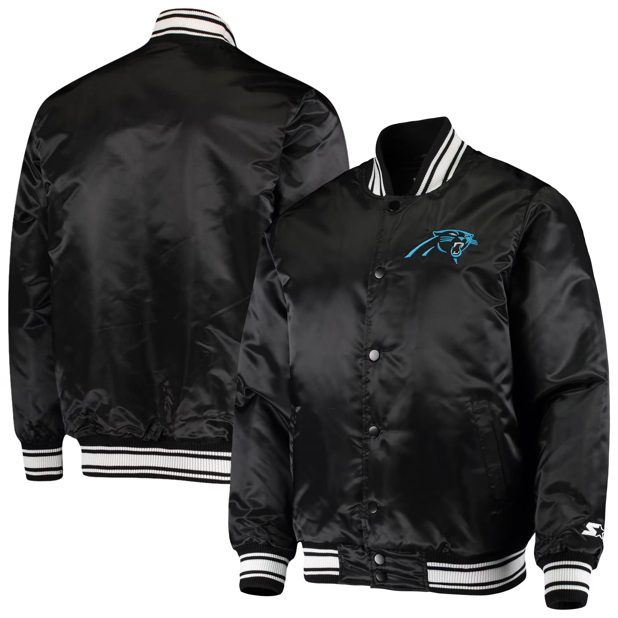 Men's Carolina Panthers Starter Black Locker Room Satin Varsity Full-Snap Jacket | NFL Shop