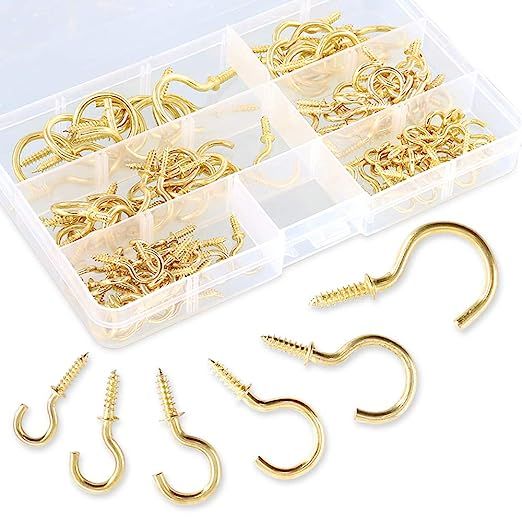 120Pcs 6 Sizes Metal Screw-in Ceiling Hooks Cup Hooks Kit, Gold Ceiling Cup Hooks Self-Tapping Sc... | Amazon (US)