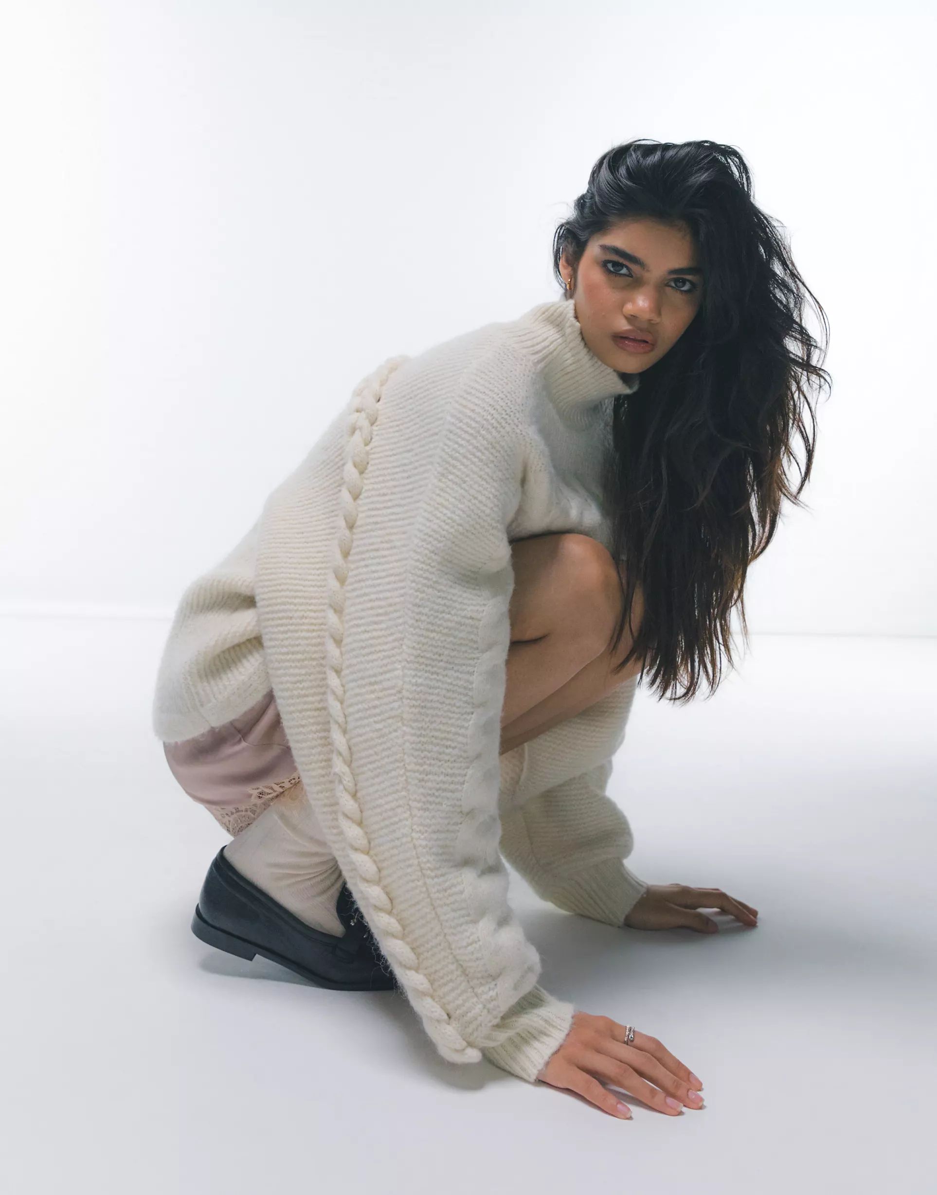 Topshop knitted 3D cable funnel neck jumper in cream | ASOS (Global)