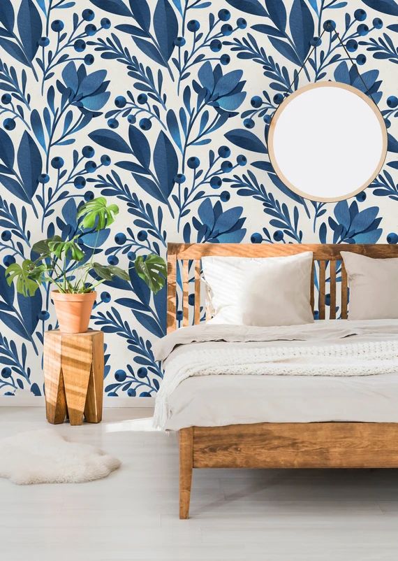 Removable Wallpaper Self Adhesive Wallpaper Blue Flowers and Leaves Peel & Stick Wallpaper | Etsy (US)