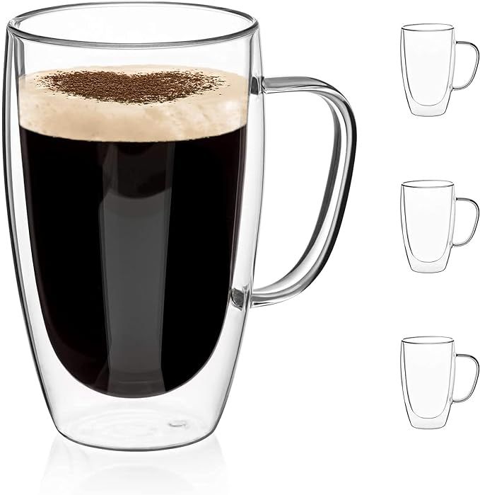 COMOOO Double Walled Glass Coffee Mugs Glass Mug With Handles Double Wall Cappuccino Cups, 16oz O... | Amazon (US)