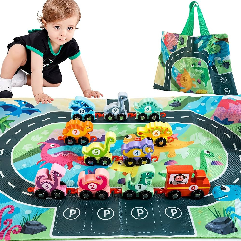 HELLOWOOD Dinosaur Toys for Toddlers Age 2-4, Wooden Dinosaur Train Set with Playmat/Storage Bag,... | Amazon (US)