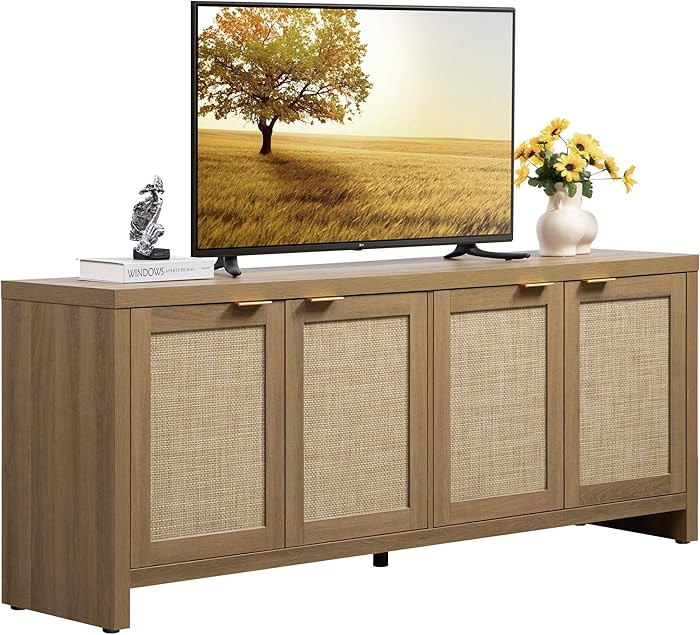 SICOTAS TV Stand for Living Room Boho Entertainment Center for Bedroom with 4 Rattan Cabinets Far... | Amazon (US)