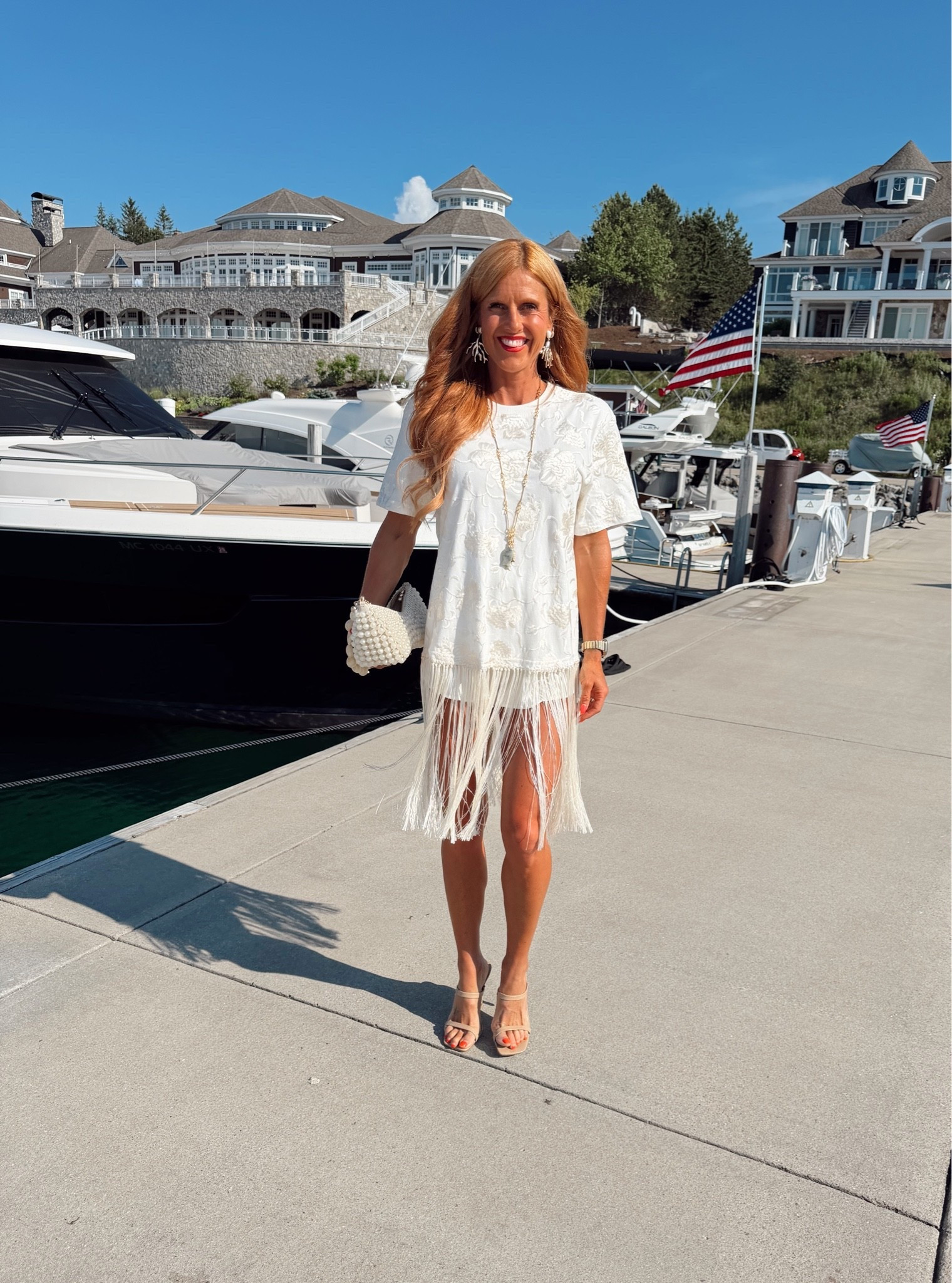 All white and fringe of course 🤍🤍  

Sea shirt in xs
Enza costa shorts xs
Steve madden kitten heel 
Target earings