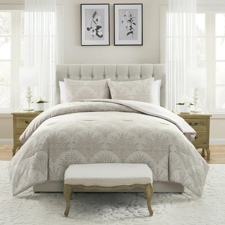 My Texas House Sienna Leaf 3-Piece White Pepper Taupe Floral Comforter Set, Full/Queen | Walmart (US)