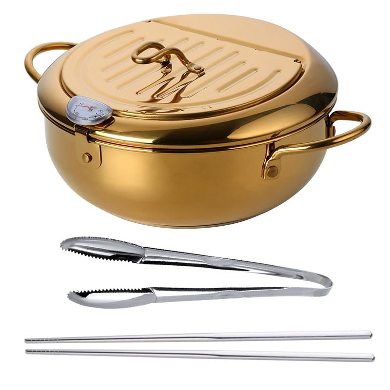 Japanese Style Tempura Frying Pot, 304 Stainless Steel Golden Deep Fryer Pot with Lid, 9.8"/2.8Qt... | Amazon (US)