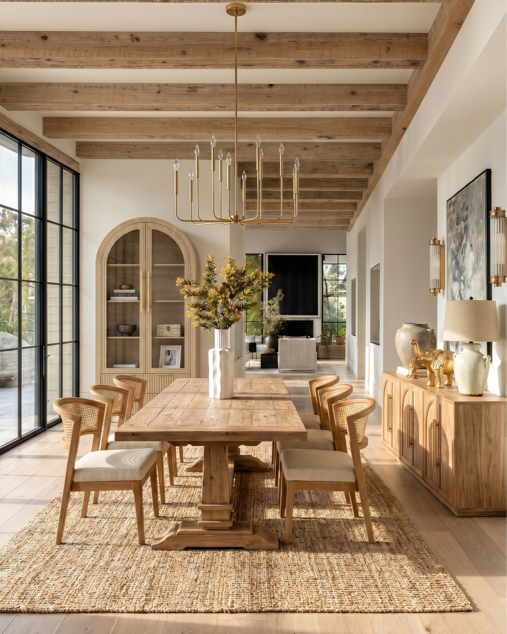 Shop the look:
* Oak wood extendable dining table
* Wood cane dining chair
* Beige jute rug
* Wood oak console credenza 
* White ceramic vase 
* Distressed terracotta vase
* Ceramic table lamp 
* Brass gold decor figures 
* Decor book 
* Oak wood display cabinet 
* Brass gold chandelier 
* Glass brass wall sconce 
* Blue subtract wall art

#LTKhome #LTKsale #LTKstyletip