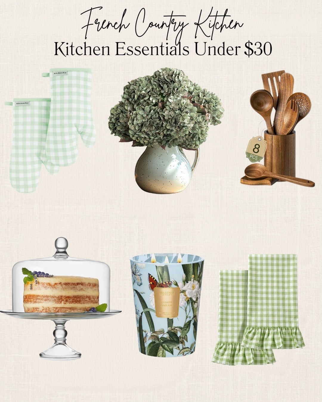 French Country Kitchen Essentials Under $30 🤍

Beautiful kitchens are built with the little details. These French country-inspired finds bring timeless charm to your space without stretching your budget. From gingham linens and wooden utensils to a classic cake stand and a gorgeous floral candle, every piece is under $30!

These also make thoughtful housewarming, hostess, bridal shower, birthday, or Christmas gifts for anyone who loves cozy, elegant kitchens.

Shop all of my affordable favorites by tapping the links below! ✨#FrenchCountryDecor #FrenchCountryStyle #KitchenDecor #KitchenEssentials #AmazonHome #HomeDecorFinds #AffordableDecor #HostessGiftIdeas #HousewarmingGift #GiftIdeas #ClassicHome

#LTKHome