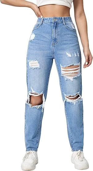 MakeMeChic Women's High Waist Straight Leg Ripped Jeans Distressed Denim Pants | Amazon (US)